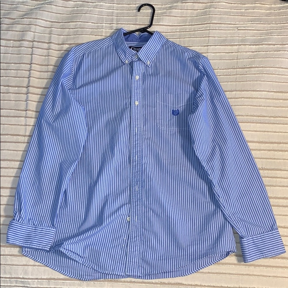 Chaps, long sleeve, button up, blue and white